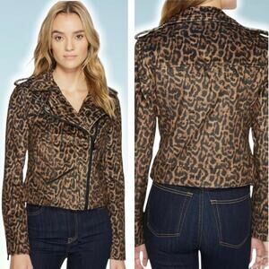 MANGO Faux Suede Leopard Print Moto Jacket Sz Medium